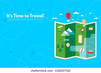 Traveler's accessories. Vacation elements. It’s Time to Travel text. Travel concept background. Flat design vector illustration