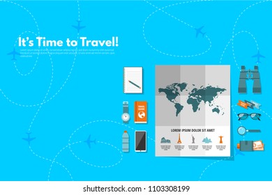 Traveler's accessories. Vacation elements. It’s Time to Travel text. Travel concept background. Flat design vector illustration