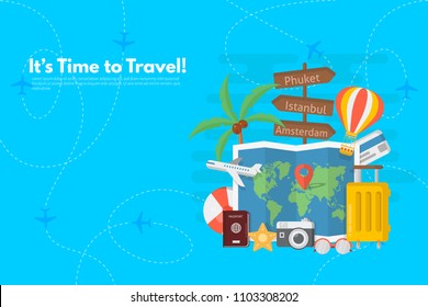 Traveler's accessories. Vacation elements. It’s Time to Travel text. Travel concept background. Flat design vector illustration
