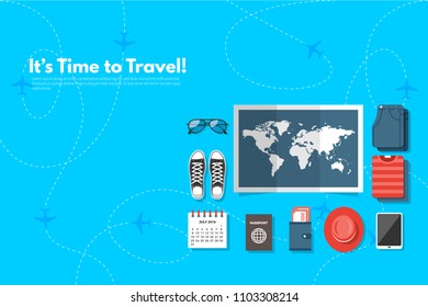 Traveler's accessories. Vacation elements. It’s Time to Travel text. Travel concept background. Flat design vector illustration