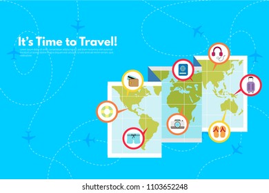 Traveler's accessories. Vacation elements. It’s Time to Travel text. Travel concept background. Flat design vector illustration