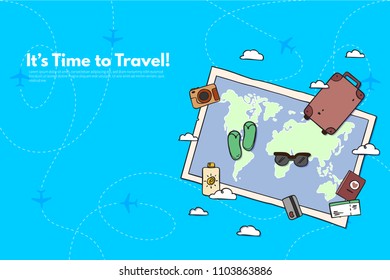 Traveler's accessories. Vacation elements. It’s Time to Travel text. Travel concept background. Flat design vector illustration