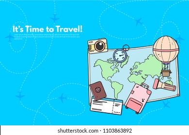 Traveler's accessories. Vacation elements. It’s Time to Travel text. Travel concept background. Flat design vector illustration