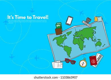 Traveler's accessories. Vacation elements. It’s Time to Travel text. Travel concept background. Flat design vector illustration