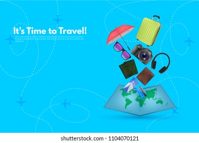 Traveler's accessories. Vacation elements. It’s Time to Travel text. Travel concept background. Realistic design elements vector illustration.