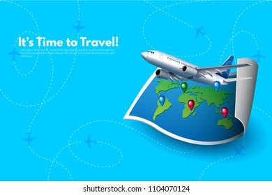 Traveler's accessories. Vacation elements. It’s Time to Travel text. Travel concept background. Realistic design elements vector illustration.