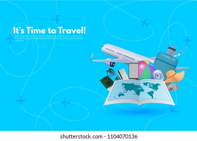 Traveler's accessories. Vacation elements. It’s Time to Travel text. Travel concept background. Realistic design elements vector illustration.