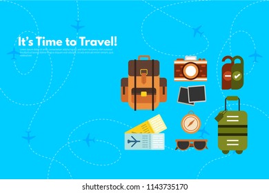 Traveler's accessories. Vacation elements. It’s Time to Travel text. Travel concept background. Flat design vector illustration