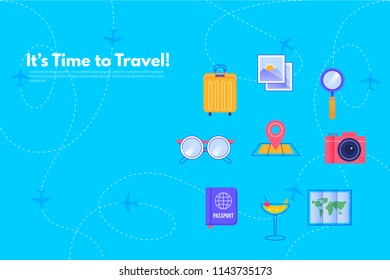 Traveler's accessories. Vacation elements. It’s Time to Travel text. Travel concept background. Flat design vector illustration