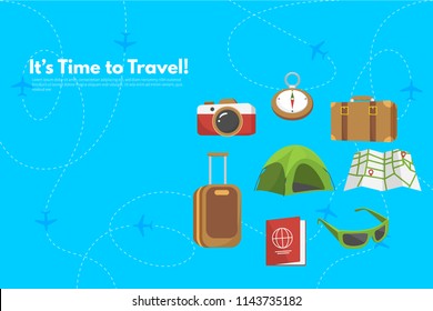 Traveler's accessories. Vacation elements. It’s Time to Travel text. Travel concept background. Flat design vector illustration