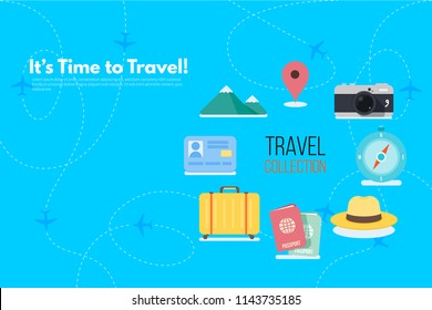 Traveler's accessories. Vacation elements. It’s Time to Travel text. Travel concept background. Flat design vector illustration