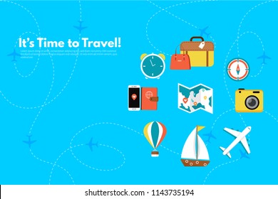 Traveler's accessories. Vacation elements. It’s Time to Travel text. Travel concept background. Flat design vector illustration