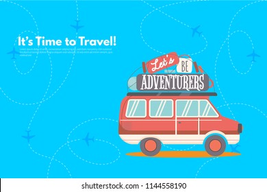Traveler's accessories. Vacation elements. It’s Time to Travel text. Travel concept background. Vector illustration