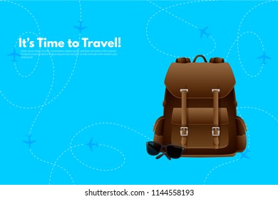 Traveler's accessories. Vacation elements. It’s Time to Travel text. Travel concept background. Vector illustration