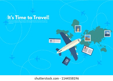 Traveler's accessories. Vacation elements. It’s Time to Travel text. Travel concept background. Vector illustration