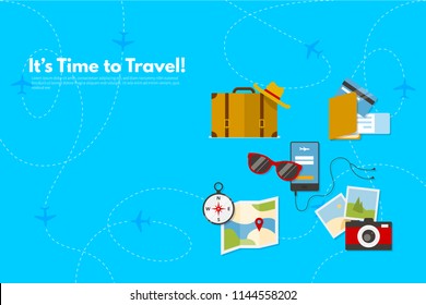 Traveler's accessories. Vacation elements. It’s Time to Travel text. Travel concept background. Vector illustration