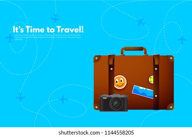 Traveler's accessories. Vacation elements. It’s Time to Travel text. Travel concept background. Vector illustration