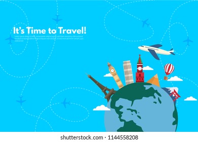 Traveler's accessories. Vacation elements. It’s Time to Travel text. Travel concept background. Vector illustration