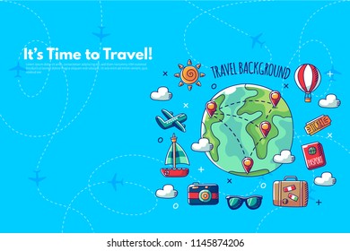 Traveler's accessories. Vacation elements. It’s Time to Travel text. Travel concept background. Flat design vector illustration