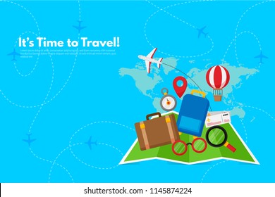 Traveler's accessories. Vacation elements. It’s Time to Travel text. Travel concept background. Flat design vector illustration