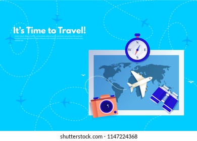 Traveler's accessories. Vacation elements. It’s Time to Travel text. Travel concept background. Flat design vector illustration