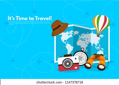 Traveler's accessories. Vacation elements. It’s Time to Travel text. Travel concept background. Flat design vector illustration