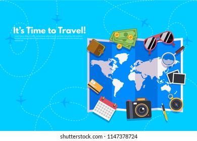 Traveler's accessories. Vacation elements. It’s Time to Travel text. Travel concept background. Flat design vector illustration