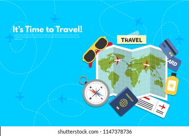 Traveler's accessories. Vacation elements. It’s Time to Travel text. Travel concept background. Flat design vector illustration