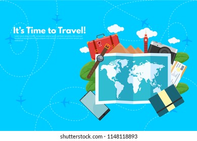 Traveler's accessories. Vacation elements. It’s Time to Travel text. Travel concept background. Flat design vector illustration