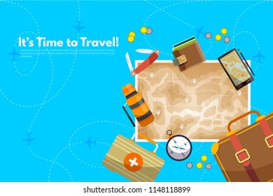 Traveler's accessories. Vacation elements. It’s Time to Travel text. Travel concept background. Flat design vector illustration