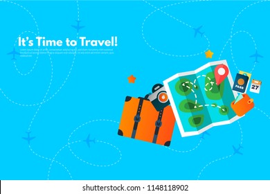 Traveler's accessories. Vacation elements. It’s Time to Travel text. Travel concept background. Flat design vector illustration