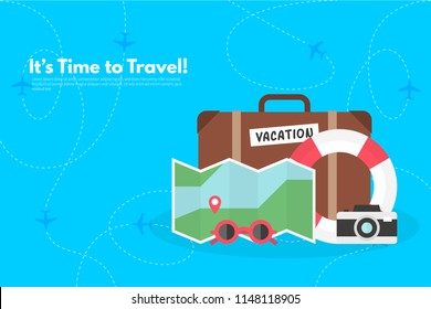Traveler's accessories. Vacation elements. It’s Time to Travel text. Travel concept background. Flat design vector illustration