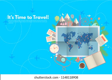 Traveler's accessories. Vacation elements. It’s Time to Travel text. Travel concept background. Flat design vector illustration