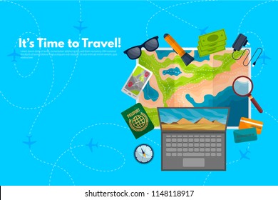 Traveler's accessories. Vacation elements. It’s Time to Travel text. Travel concept background. Flat design vector illustration