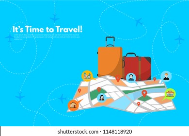 Traveler's accessories. Vacation elements. It’s Time to Travel text. Travel concept background. Flat design vector illustration