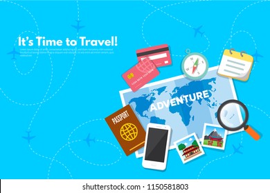 Traveler's accessories. Vacation elements. It’s Time to Travel text. Travel concept background. Flat design vector illustration