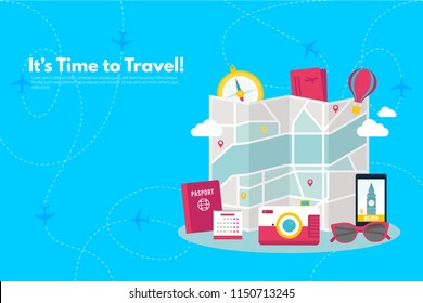 Traveler's accessories. Vacation elements. It’s Time to Travel text. Travel concept background. Flat design vector illustration