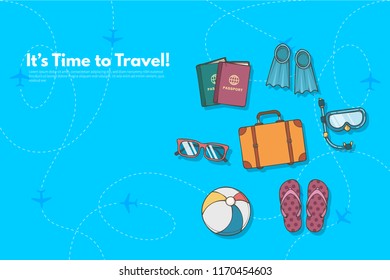 Traveler's accessories. Vacation elements. It’s Time to Travel text. Travel concept background. Flat design vector illustration