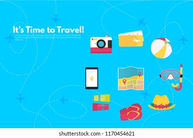 Traveler's accessories. Vacation elements. It’s Time to Travel text. Travel concept background. Flat design vector illustration