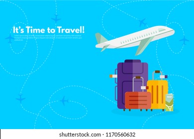 Traveler's accessories. Vacation elements. It’s Time to Travel text. Travel concept background. Flat design vector illustration