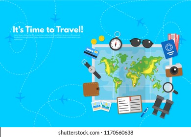 Traveler's accessories. Vacation elements. It’s Time to Travel text. Travel concept background. Flat design vector illustration