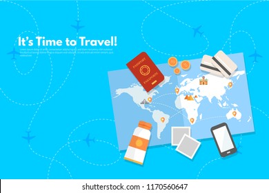 Traveler's accessories. Vacation elements. It’s Time to Travel text. Travel concept background. Flat design vector illustration