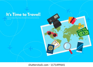 Traveler's accessories. Vacation elements. It’s Time to Travel text. Travel concept background. Flat design vector illustration