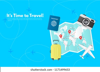 Traveler's accessories. Vacation elements. It’s Time to Travel text. Travel concept background. Flat design vector illustration