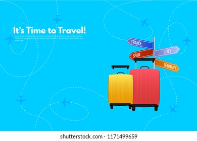 Traveler's accessories. Vacation elements. It’s Time to Travel text. Travel concept background. Flat design vector illustration