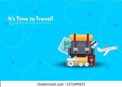 Traveler's accessories. Vacation elements. It’s Time to Travel text. Travel concept background. Flat design vector illustration