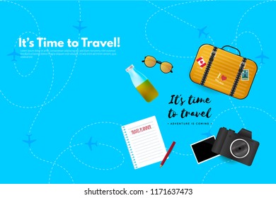Traveler's accessories. Vacation elements. It’s Time to Travel text. Travel concept background. Flat design vector illustration