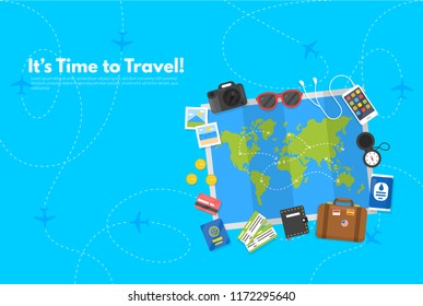 Traveler's accessories. Vacation elements. It’s Time to Travel text. Travel concept background. Flat design vector illustration