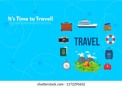 Traveler's accessories. Vacation elements. It’s Time to Travel text. Travel concept background. Flat design vector illustration