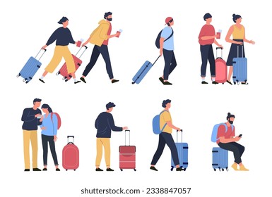 Travelers at airport. Business tourists, people waiting at airports terminal luggage, characters walking and hasting to boarding. Vector of business plane, baggage and luggage, airplane transportation